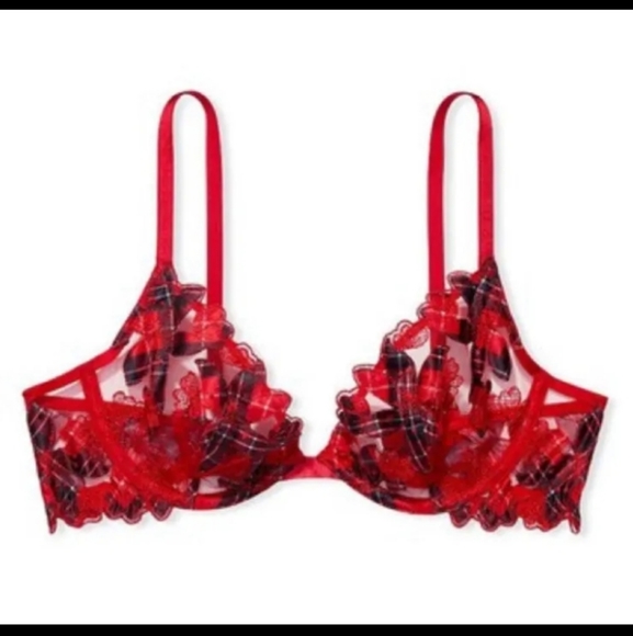 Victoria Secret-Red & Black Sheer Floral & Plaid Low Cut Demi Balconette Bra-32D - Picture 1 of 3